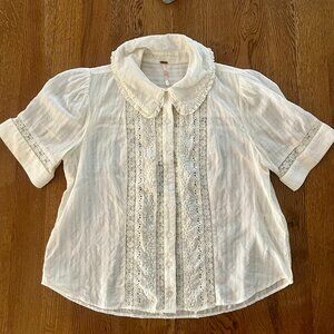Free People White (slightly off-white) Sheer Peter Pan Collared Blouse